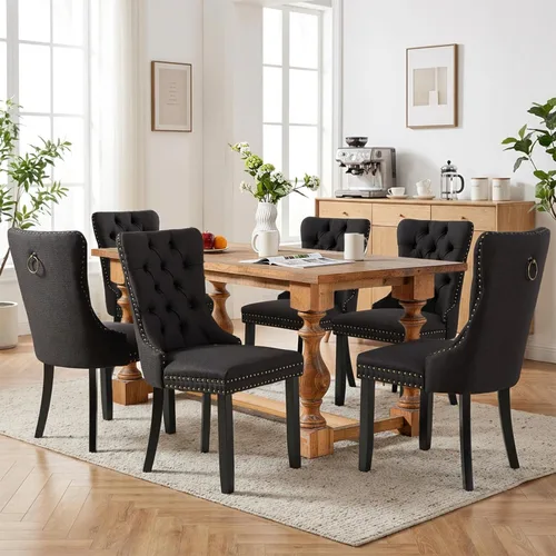 Miniatura 94 de SoarFlash Juego de 2 sillas de comedor de tela de lino, sillas de comedor tapizadas con ribete de cabeza de clavo y patas de madera de color claro