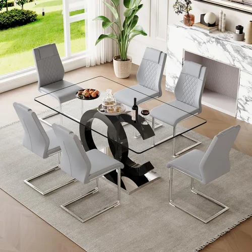 Miniatura 23 de gopop Mesa de comedor de cristal de 63 pulgadas, mesa de cocina moderna, mesa de comedor de vidrio transparente con patas de diseño único negro