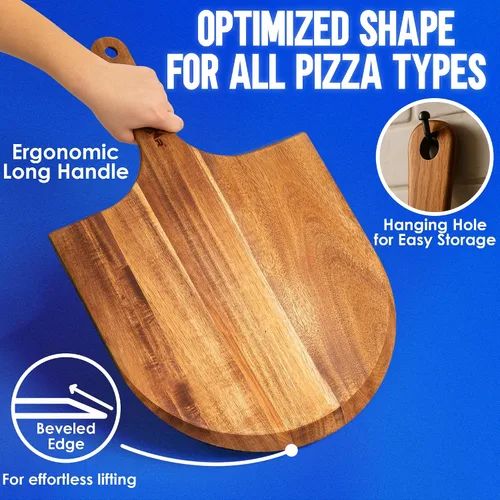Miniatura 3 de KitchenStar Pela de pizza de madera de acacia de 14 pulgadas – Tabla grande de madera para cortar y servir con mango – Acabado de aceite natural
