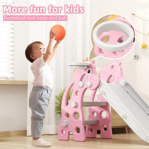 Miniatura 5 de GLAF Tobogán Interior para Niños Pequeños de 1-3 Años, Tobogán para Bebés, Juego Exterior con Aro de Baloncesto y Pelota, Toboganes Plegables de Rosa