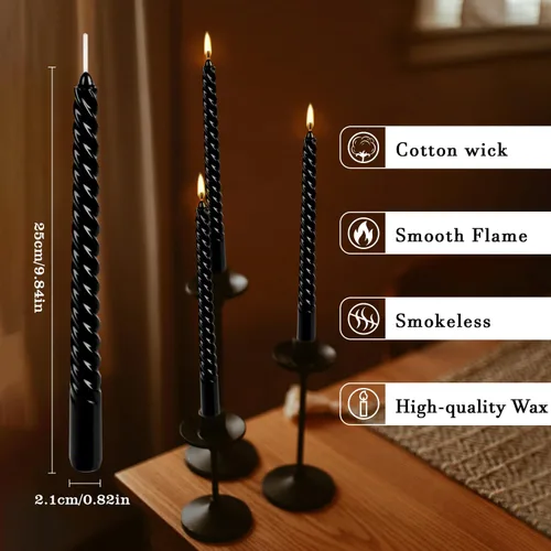 Miniatura 8 de WPONSZU Juego de velas cónicas en espiral negras de 10 pulgadas, paquete de 12 velas sin perfume sin goteo para Halloween, cena, fiesta, cumpleaños