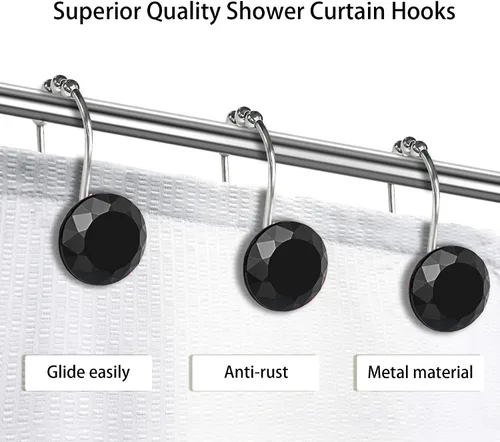 Miniatura 4 de Ganchos de cortina de ducha de cristal negro con diamantes para baño, 12 unidades, anillos de acero inoxidable plateados a prueba de óxido, colgador