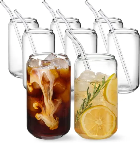 Miniatura 8 de NETANY Juego de 8 piezas: vasos para beber con popote de vidrio, vasos de vidrio de 16 onzas, vasos de cerveza, vasos de café helado, lindo vaso