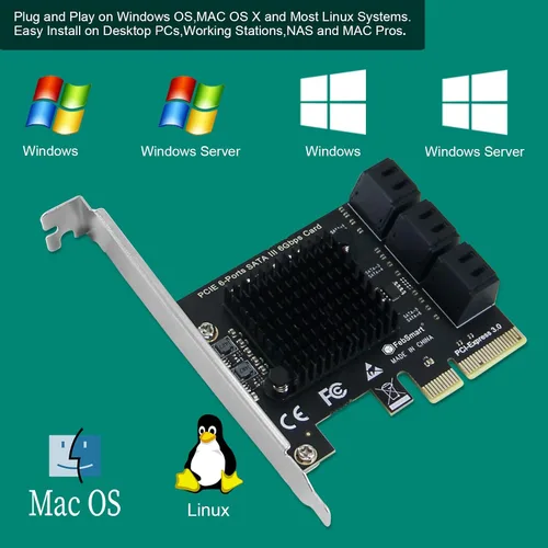 Miniatura 5 de Tarjeta de expansión PCIE 3.0 a 4 puertos 6Gbps SATA III para PC de escritorio, Plug and Play en Windows OS, MAC OS, Linux, ASMedia ASM1064