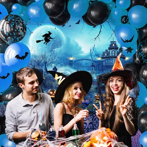 Miniatura 5 de Avezano Telón de fondo para fotografía de Halloween, luna llena, noche aterradora, castillo, calabazas, fondo de fiesta, espeluznante, bruja, Azul