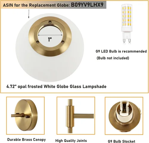 Miniatura 5 de BYOLIIMA Juego de 2 apliques de pared dorados con pantallas de globo de vidrio blanco, lámpara de pared moderna de mediados de siglo para tocador