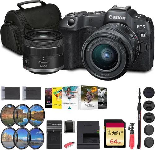 Canon Cámara sin espejo EOS R8 con RF 0.945-1.969 in f/4.5-6.3 es lente STM (5803C012) + tarjeta de memoria de 64 GB + software de foto + bolsa +