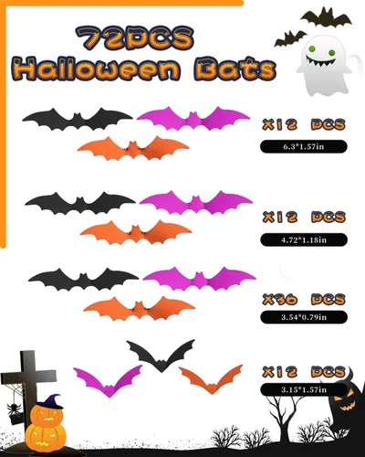 Miniatura 4 de 72 piezas de decoración de murciélagos de Halloween para interiores y exteriores, suministros de fiesta de Halloween, calcomanías de murciélago 3D 3