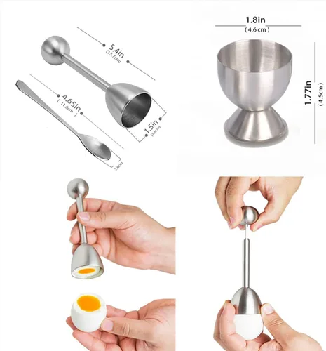 Miniatura 4 de Xicennego Juego de 5 tapas para galletas de huevo, incluye 2 tazas de huevo, 2 cucharas y 1 cortador, abridor de huevos fácil de acero inoxidable