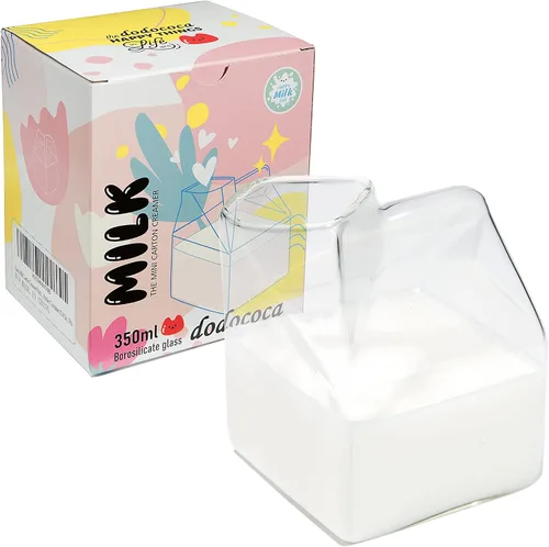 Jarra de cartón de leche de vidrio lindo transparente Kawaii Milk Carton Cup Mini Creamer Jarra Contenedor de 12 onzas, 1 unidad