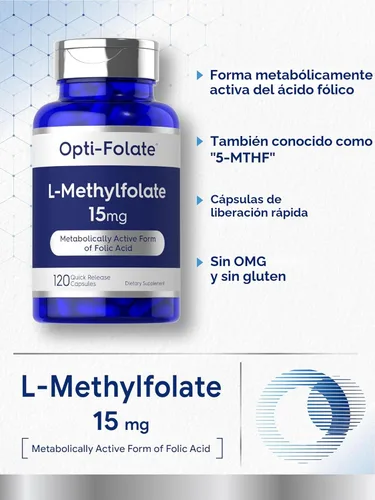Miniatura 4 de Carlyle L Metilfolato 15mg 120 cápsulas Tamaño de valor Potencia máxima Optimizado y activado Sin OMG, sin gluten Folato de metilo