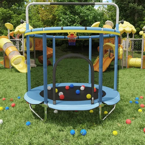 Miniatura 6 de Trampolín infantil de 60 pulgadas para niños de 2 a 4 años, mini trampolín de 5 pies para interiores con pelota de baloncesto, barra de gimnasia