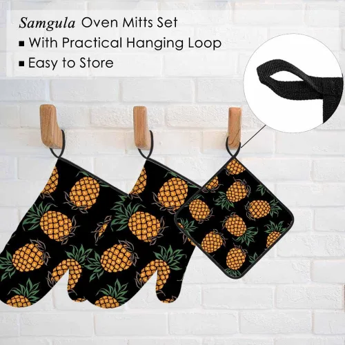 Miniatura 5 de Juego de manoplas de horno y soportes para ollas de piña, frutas tropicales, arte exótico hawaiano, resistente al calor, 3 piezas para cocinar