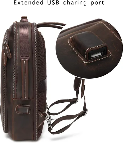 Miniatura 9 de Lannsyne Mochila de cuero de grano completo expandible 15.6 para computadora portátil, bolsa de viaje de hombro marrón, Marrón, L, Portátil