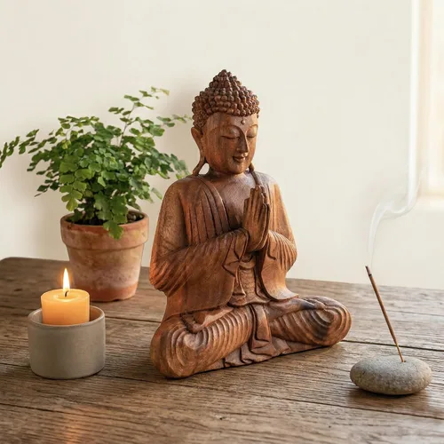 Miniatura 4 de G6 Collection Estatua de Buda de madera serena sentada hecha a mano, escultura meditante, decoración del hogar, acento de madera tallada a mano