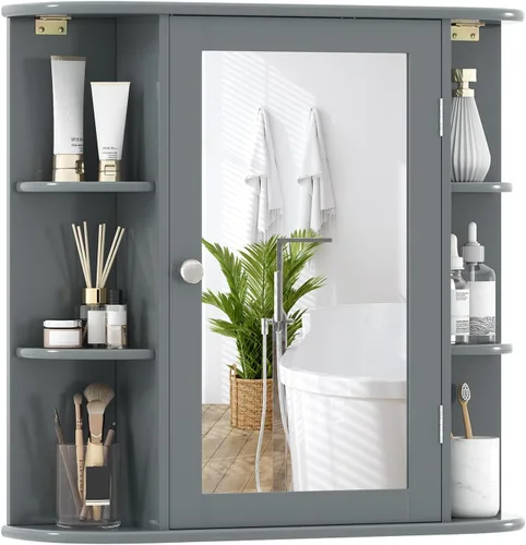 Miniatura 10 de Giantex Botiquín de baño, armario de espejo de baño montado en la pared con puerta de espejo y 4 estantes interiores, 6 estantes abiertos, Blanco