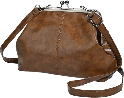 Kiss Lock - Bolso cruzado vintage para mujer, de piel sintética retro, bolso de mano de noche, bolso grande marrón para otoño e invierno