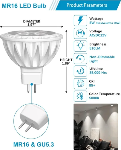 Miniatura 2 de Paquete de 12 bombillas LED MR16, equivalente a 50 W, 5000 K luz blanca diurna 5 W GU5.3 MR16 12 V, ángulo de haz de 38 grados para paisaje, 5000K