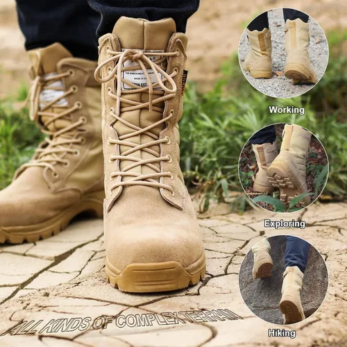 Miniatura 5 de IODSON Botas tácticas militares para hombre con cremallera lateral, botas de trabajo resistentes a pinchazos, botas de combate del desierto, botas