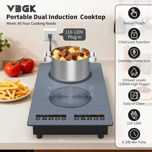 Miniatura 3 de VBGK Placa de cocción de inducción, placa caliente de doble quemador de 110 V 2300 W con control táctil LED, 9 niveles de potencia, bloqueo