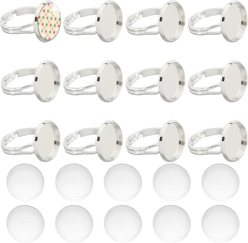 Miniatura 9 de SUNNYCLUE Anillo de dedo, base de anillo ajustable en blanco, media redonda, base de cabujón plano, configuración de bandeja de bisel para kit