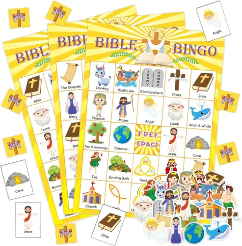 Juego de bingo bíblico para niños para 30 jugadores, escuela dominical de vacaciones, juego de iglesia cristiana, actividades, regalos de Pascua,