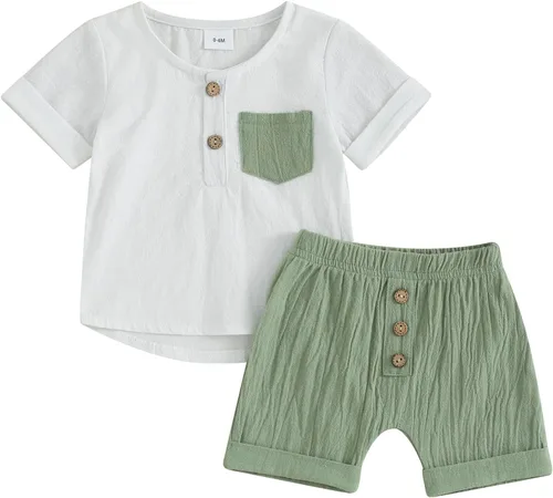 Miniatura 22 de Conjunto de ropa casual de manga corta con botones y pantalones cortos de lino para bebés y niños pequeños