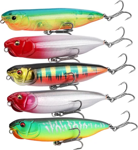 Miniatura 9 de FLISSA Juego de 5 señuelos de pesca de agua superior, señuelos de pesca de lubina para agua dulce y salada, señuelo duro realista, señuelo de pesca