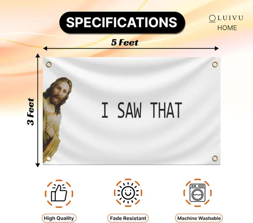 Miniatura 2 de Cartel de 3 x 5 pies con 4 ojales – I Saw That – Jesús divertido – Bandera cristiana religiosa de poliéster de pared fresca – Tapices