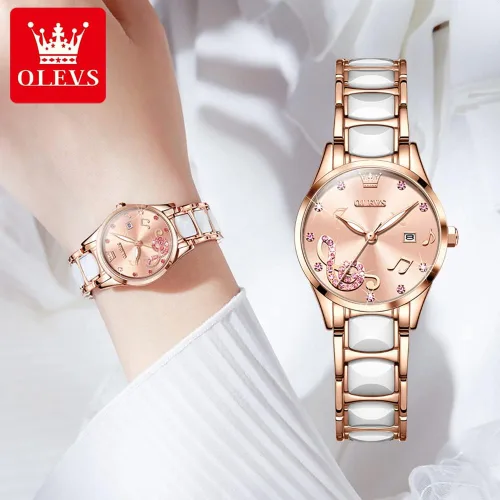 Miniatura 3 de OLEVS Relojes para mujer oro rosa de dos tonos de moda de cerámica blanco esfera rosa roja acero inoxidable fecha impermeable