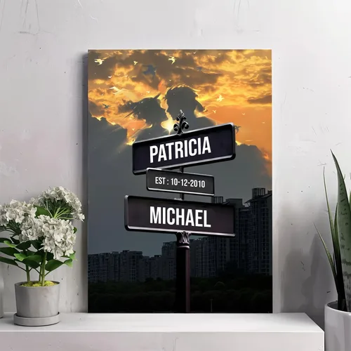 QILDTASIO Impresión en lienzo personalizada de letrero de calle vintage, arte de pared para pareja, decoración romántica del hogar, regalo único
