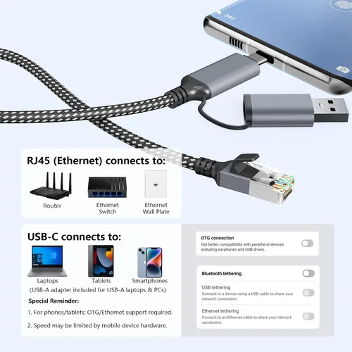 Miniatura 7 de Jadaol Cable USB-C/USB-A a Ethernet de 3 pies, adaptador USB-A integrado, LAN Gigabit RJ45 de hasta 1 Gbps, Plug & Play para la mayoría