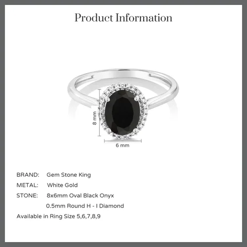 Miniatura 6 de Gem Stone King Anillo de compromiso con halo de oro blanco de 10 quilates y ónix negro y diamante para mujer