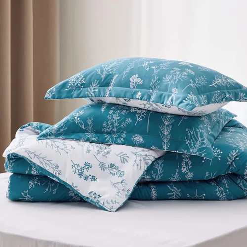 Miniatura 6 de Bedsure - Juego de edredón tamaño King, juego de ropa de cama azul teja, 3 piezas de ropa de cama floral bonita, 1 edredón reversible suave con 12