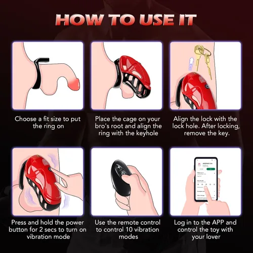 Miniatura 7 de Jaula de Castidad Vibratoria de Juguete Sexual - Dispositivos de Castidad Masculina Jaula para Pene con 10 Vibraciones, Aplicación y Control Remoto
