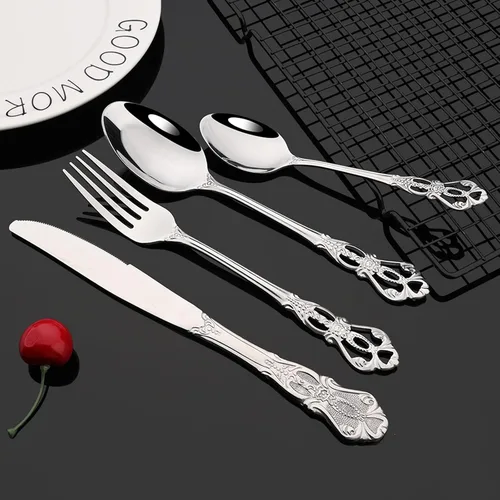 Miniatura 4 de JASHII Juego de cubiertos de acero inoxidable 304 estilo antiguo, 20 piezas de servicio para 4 vajillas plateadas con cuchillos, cucharas, plateado
