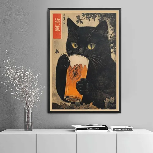Miniatura 2 de SENLYCH Póster de pintura en lienzo e impresión vintage de gato negro con cerveza, impresión de arte japonés, gato negro bebiendo cerveza, póster