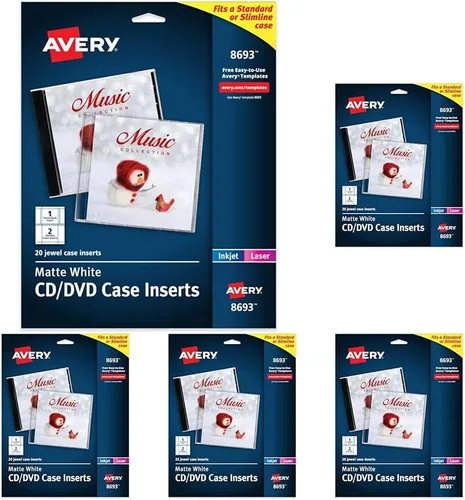 Avery Insertos imprimibles para CD, blanco mate, compatible con impresoras láser y de inyección de tinta, 20 inserciones estándar y delgadas, ideal
