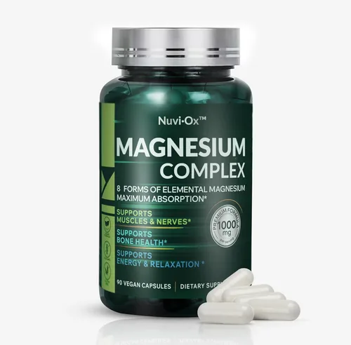 NuviOx Complejo de magnesio – 8 formas de alta absorción 1000 mg – glicinato, malato, taurato, citrato – apoyo para dormir, estrés y músculos para