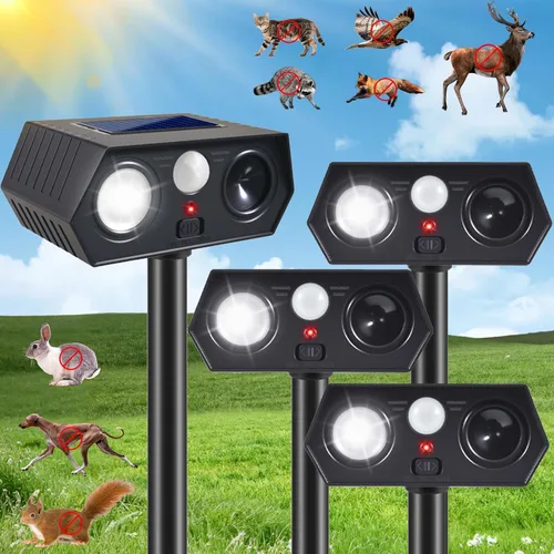 Paquete de 4 repelentes solares ultrasónicos de animales para exteriores, dispositivos solares de disuasión de osos con sensor de movimiento,