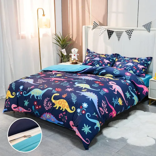 Miniatura 3 de Juego de cama individual de dinosaurio, juego de cama de 3 piezas, 86 x 68 pulgadas, juego de funda de edredón para niños, adolescentes y niños, 1