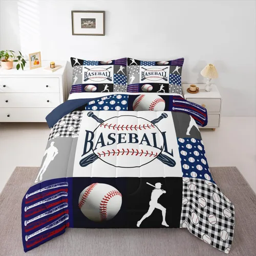 Erosebridal Juego de edredón de béisbol – Juego de edredón de béisbol para niños y adolescentes, tamaño Queen, juego de edredón geométrico a cuadros