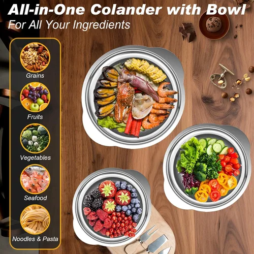 Miniatura 6 de Colador, colador de acero inoxidable con cuencos para mezclar (3.5 cuartos de galón), 3 coladores para utensilios de cocina, cesta de colador