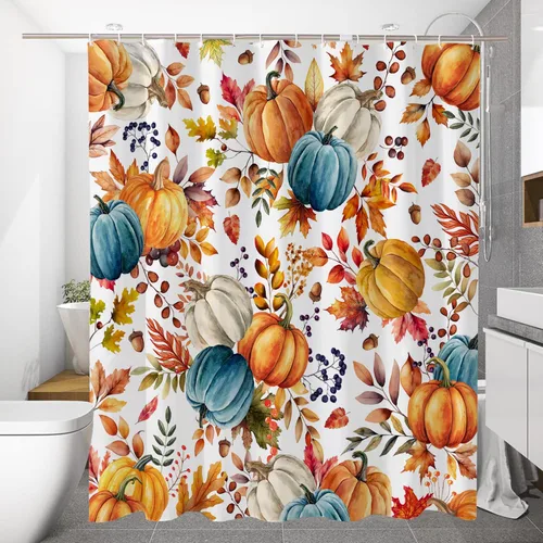 Cortina de ducha de otoño con 12 ganchos, cortina de ducha impermeable de otoño con hojas de calabaza coloridas, cortina de baño de otoño para