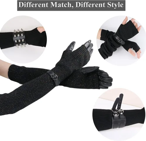 Miniatura 31 de Facecozy Calentadores de brazos para mujer, mezcla de lana de cachemira, guantes largos sin dedos para mujer, guantes para clima frío con agujero