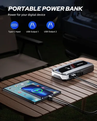 Miniatura 6 de AUTOONE Arrancador de Coche 6000A Refuerzo de Batería, Paquete de Batería Portátil para Todos los Combustibles 10L Diésel, Caja de 12V con Cables