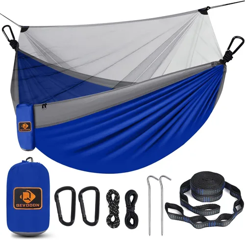Miniatura 17 de Hamaca de camping con red, hamaca doble portátil ligera con correas para árbol y mosquetones sólidos en forma de D, hamaca de nailon de paracaídas