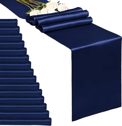 Miniatura 8 de Paquete de 10 caminos de mesa de satén azul marino de 12 x 108 pulgadas de largo para bodas, decoraciones para fiestas de cumpleaños, banquetes