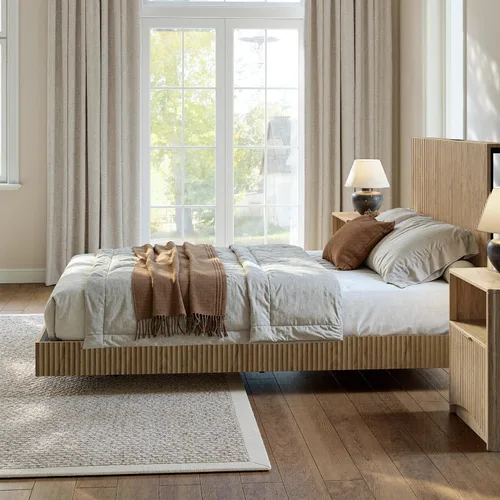 Miniatura 7 de Evermagin Base de cama flotante de tamaño matrimonial con cabecero, cama de plataforma acanalada bohemia con luces LED, marco de cama flotante