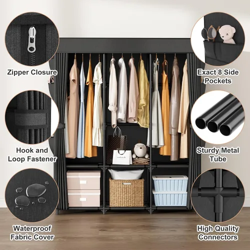 Miniatura 4 de Armario portátil para colgar ropa, perchero de gran capacidad con tapa, 3 varillas para colgar, 6 estantes y 8 bolsillos, armario fuerte y estable